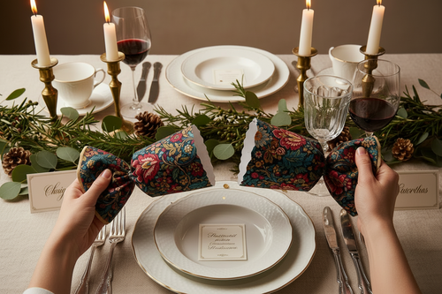 Decorative table setting with floral napkins, candles, and cutlery on a festive table.